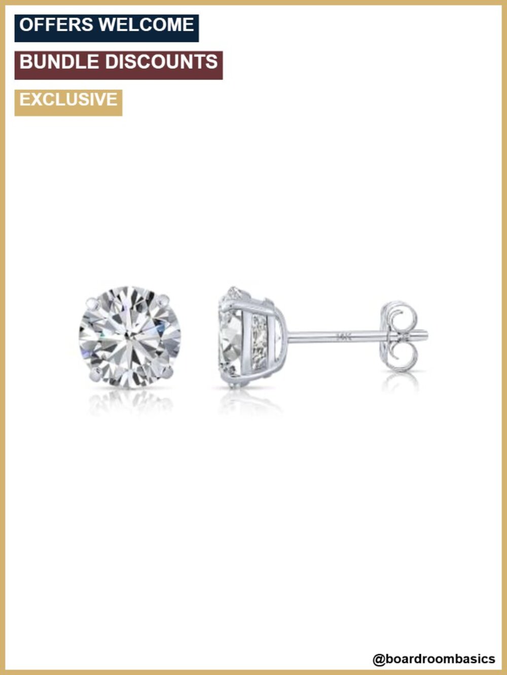 14k White Gold Solitaire Round Cubic Zirconia Stud Earrings with Pushbacks
